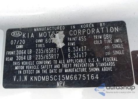 2021 Kia Sedona Lx z USA, uszkodzony, nr VIN KNDMB5C15M6675164